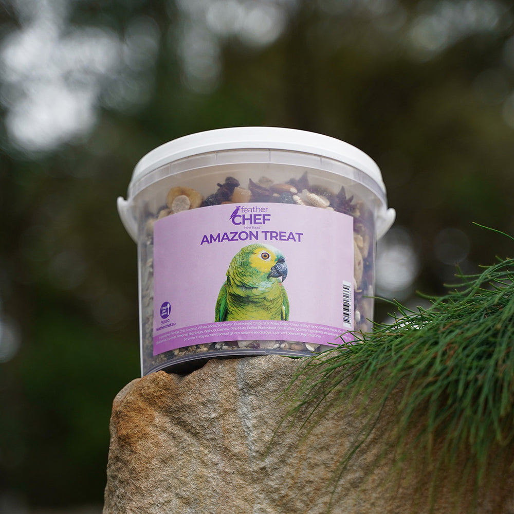 Container of 'Feather Chef Amazon Treat' on a stone surface with blurred greenery in the background