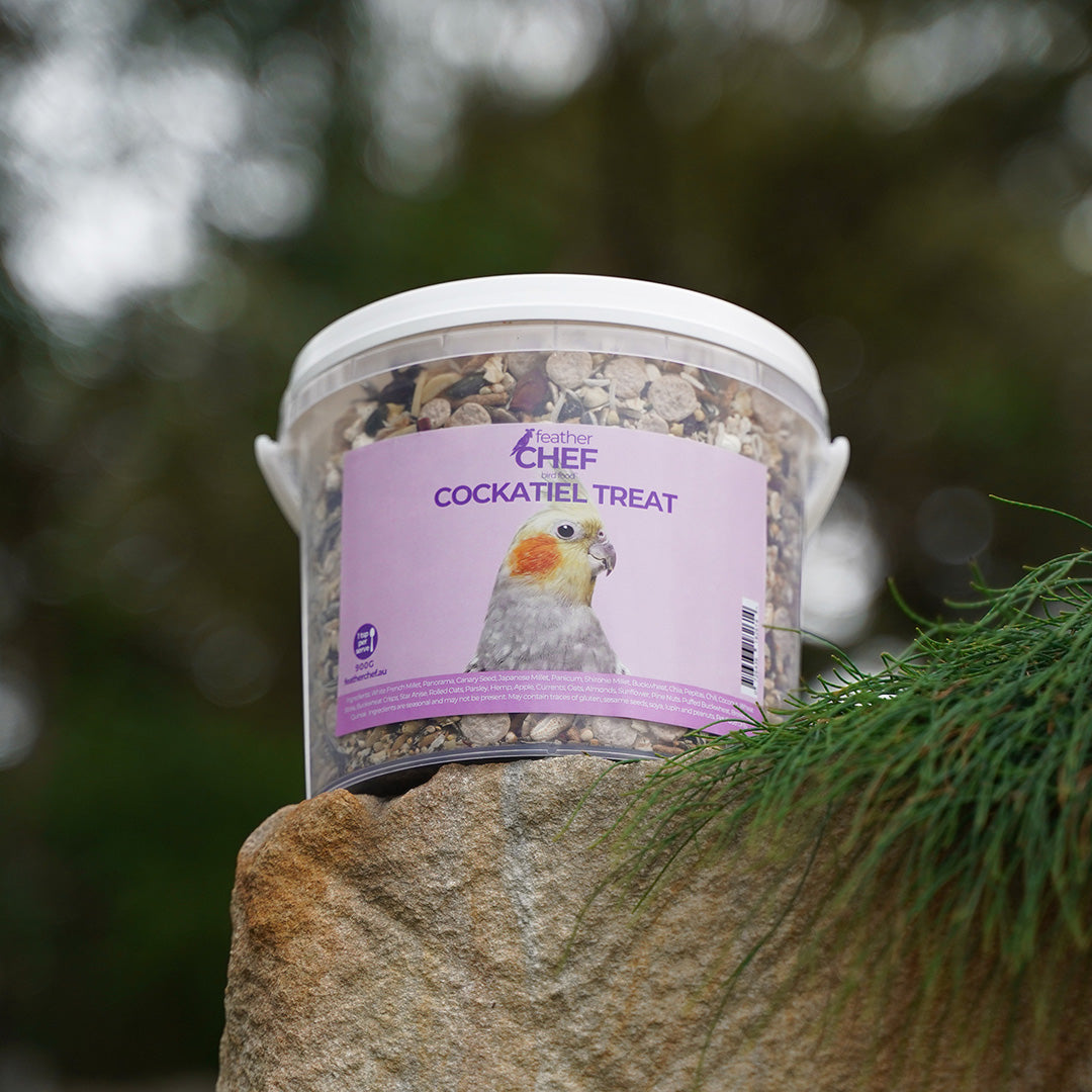 Container of Feather Chef Cockatiel Treats on a stone surface with a blurred natural background