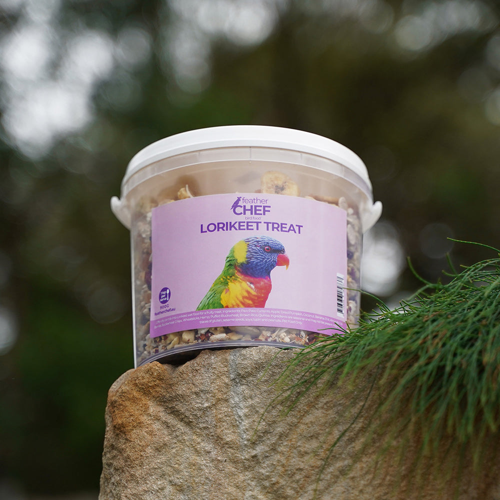 Container of Feather Chef Lorikeet Treats on a rock with blurred greenery in the background