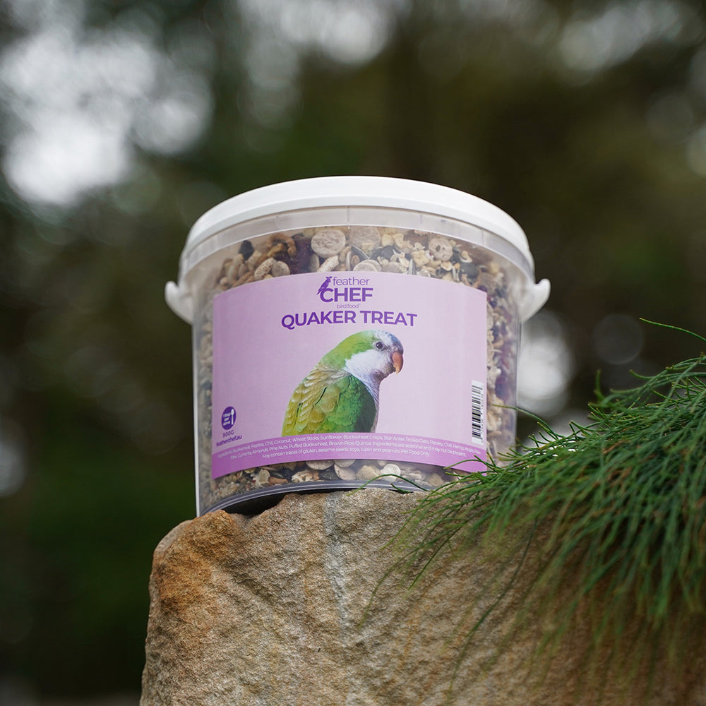 Container of Feather Chef Quaker Treat for birds on a stone surface with a blurred natural background