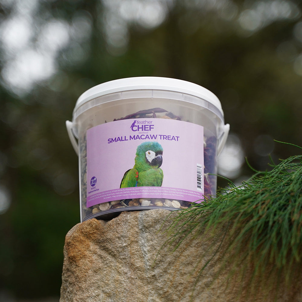 Bucket of 'Feather Chef Small Macaw Treat' on a stone surface with a blurred natural background