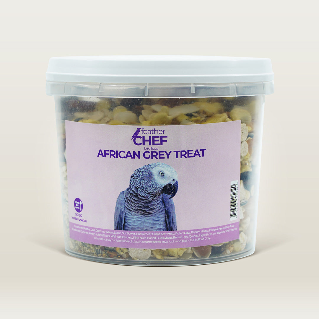 Container of Feather Chef African Grey Treats on a beige background
