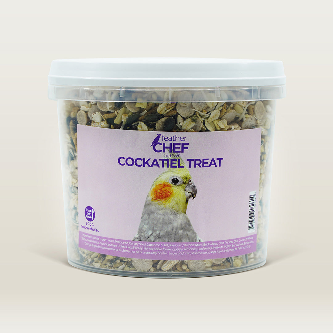Container of Feather Chef Cockatiel Treats on a beige background