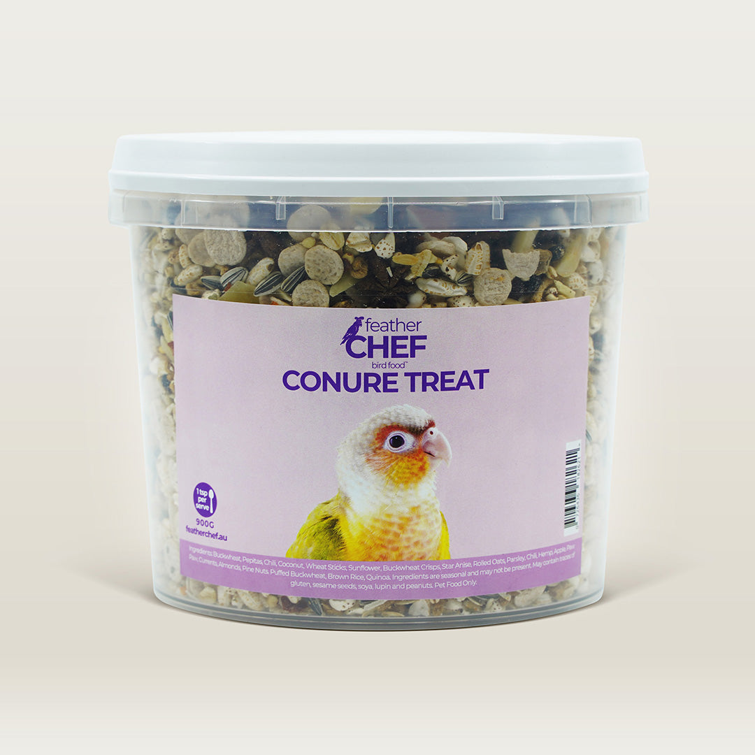 Container of Feather Chef Conure Treats with a bird illustration on a beige background