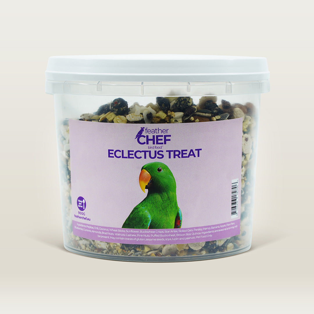 Container of Feather Chef Eclectus Treat on a beige background
