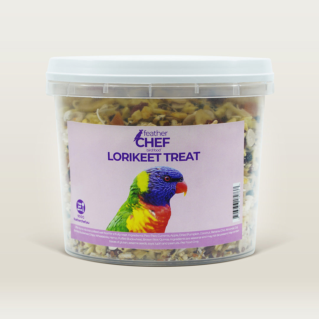 Container of Feather Chef Lorikeet Treats with a colorful lorikeet illustration on a beige background