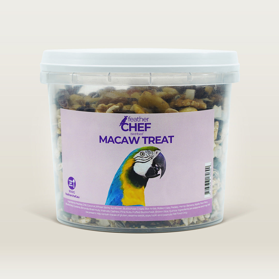 Container of Feather Chef Macaw Treats on a beige background