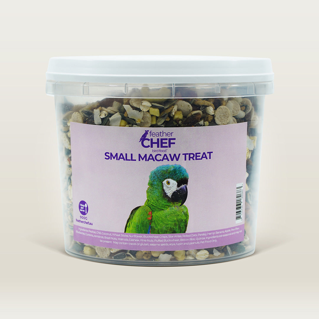 Container of Feather Chef Small Macaw Treats on a beige background