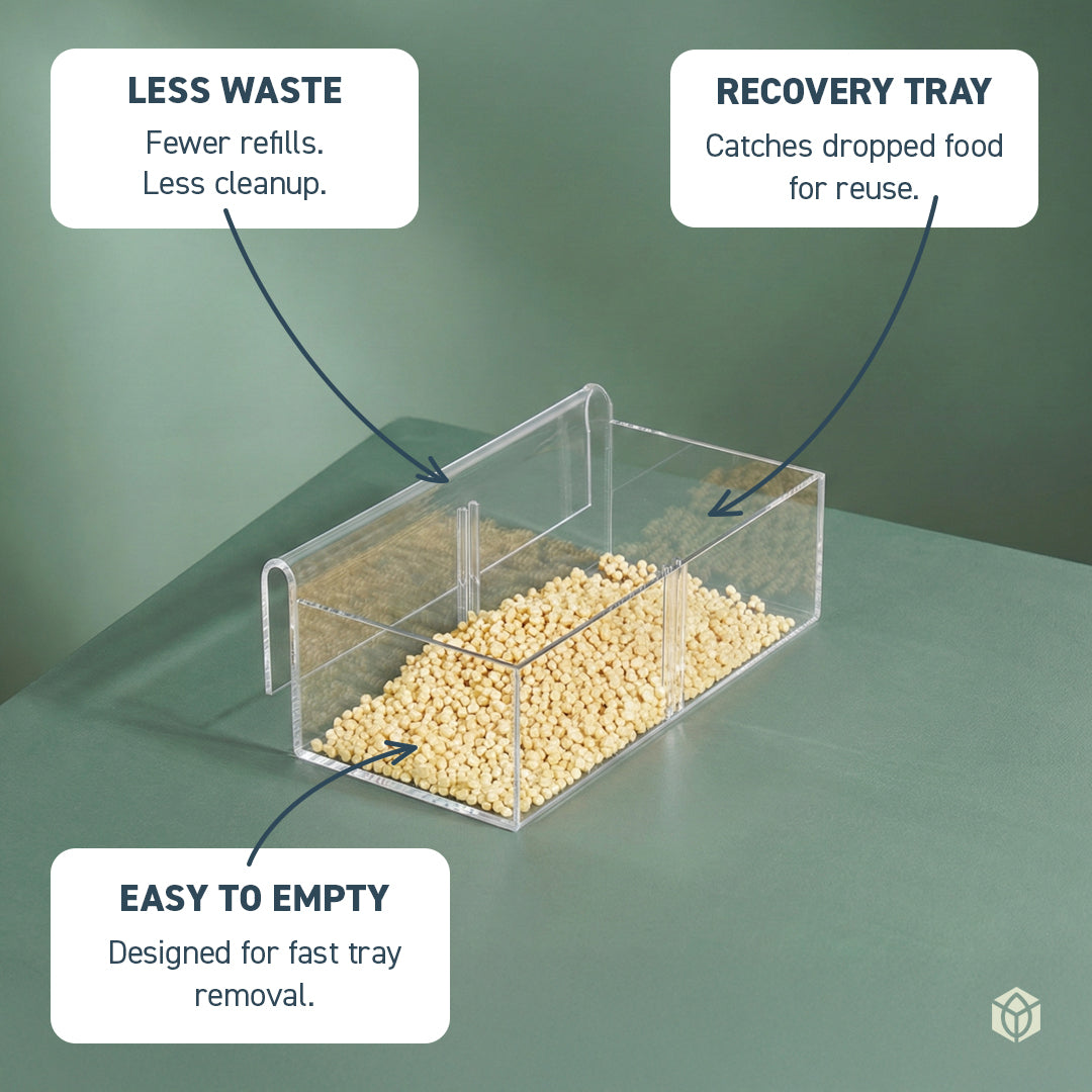 Seed Cube Large Easy-Tray recovery trays catching dropped bird food for reuse, designed to reduce waste and refills.