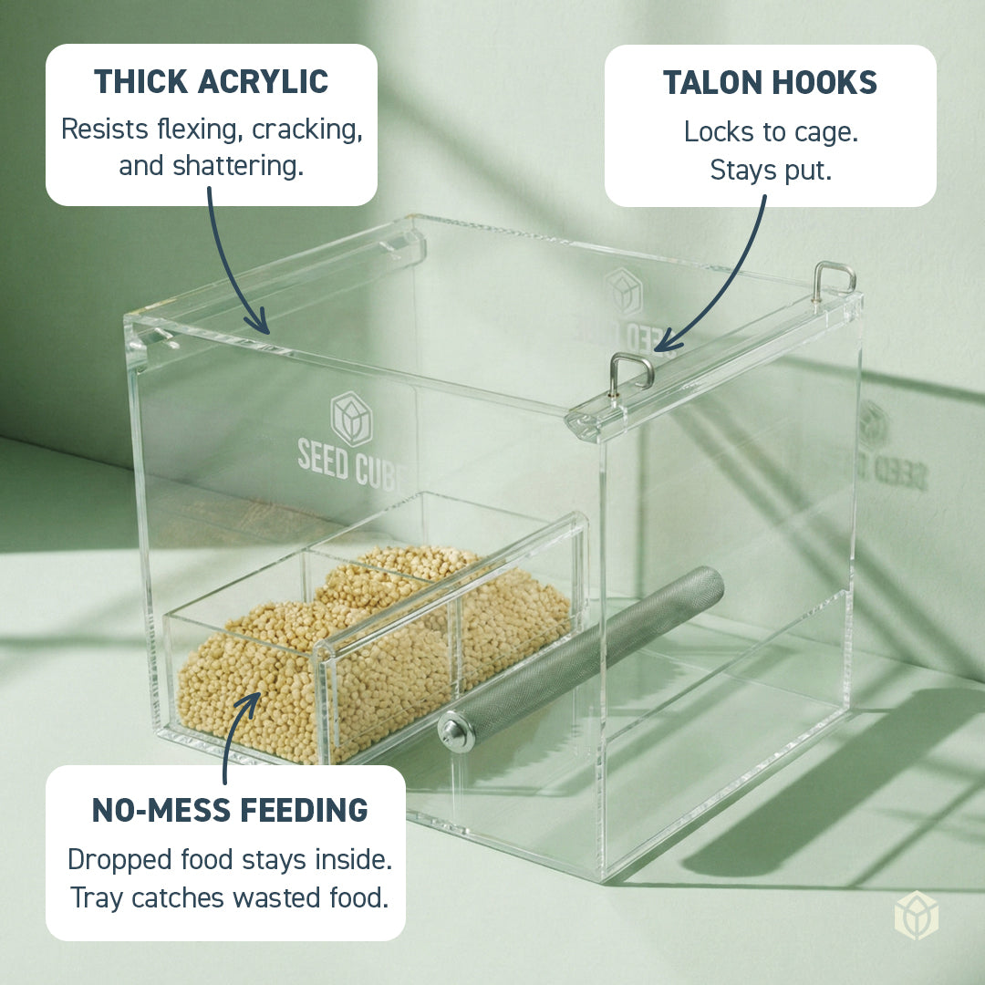 Seed Cube Large no-mess bird feeder with internal recovery tray catching dropped seed to reduce waste and mess.