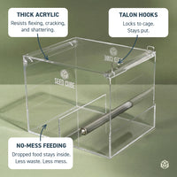Seed Cube Large acrylic bird feeder showing thick clear panels, internal perch, and no-mess feeding design.