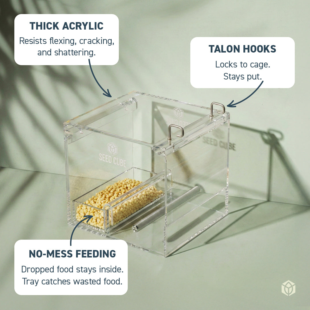 Seed Cube Small bird feeder made from thick acrylic with Talon Hooks and internal tray to keep cages clean.