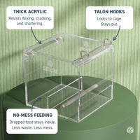 Seed Cube Small acrylic bird feeder showing thick clear panels, internal perch, and no-mess feeding design.