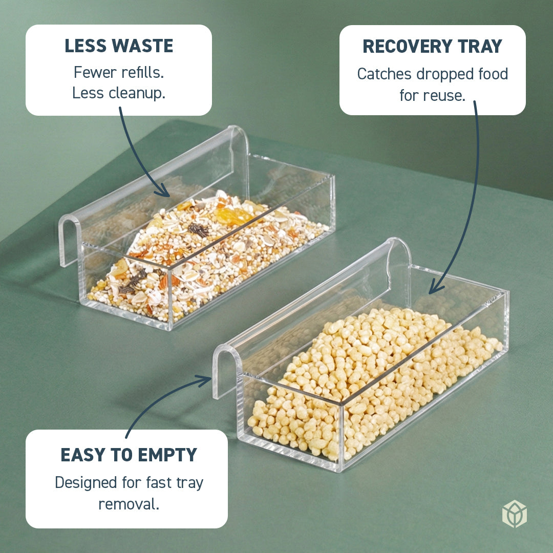 Seed Cube Small Easy-Tray recovery trays catching dropped bird food for reuse, designed to reduce waste and refills.