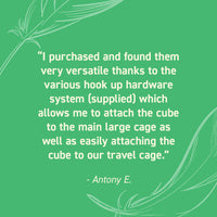 Seed Cube customer review quote highlighting no-mess feeding, easy refilling, reduced cleanup, and durable bird feeder design.