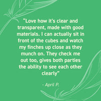 Seed Cube customer review quote highlighting no-mess feeding, easy refilling, reduced cleanup, and durable bird feeder design.