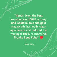 Seed Cube customer review quote highlighting no-mess feeding, easy refilling, reduced cleanup, and durable bird feeder design.