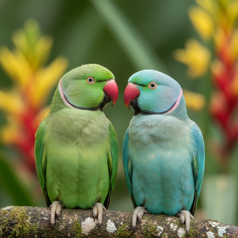 Indian ringneck beside a Seed Cube no-mess feeder