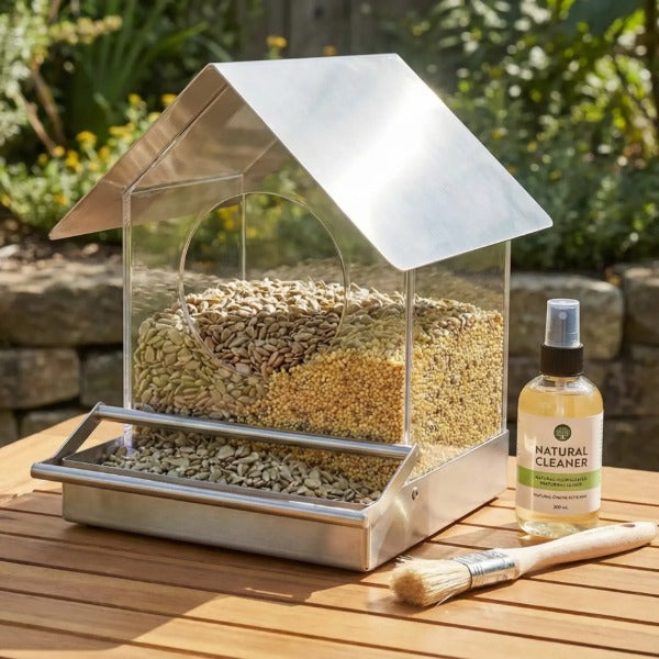 Stainless steel no-mess bird feeder filled with seed mix, shown with natural cleaning spray and brush
