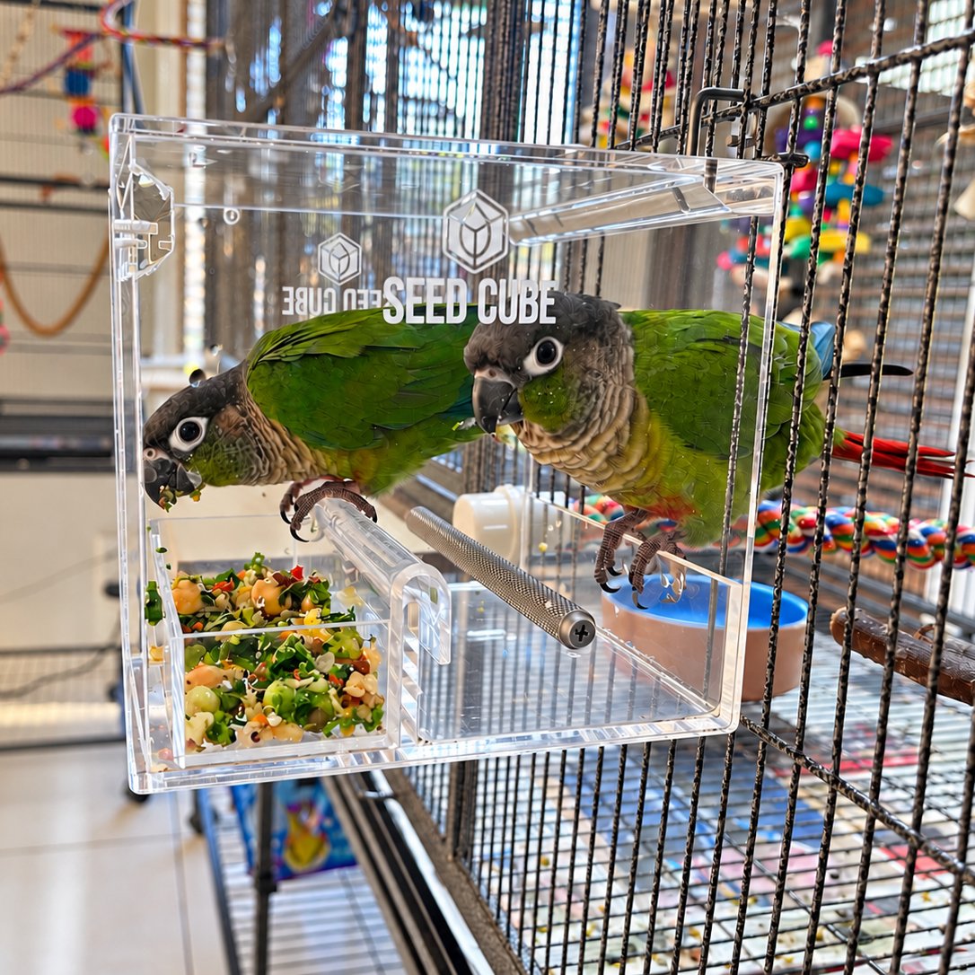 Mervyn and Myrtle, two green-cheeked conures, in a Small Seed Cube no-mess bird feeder