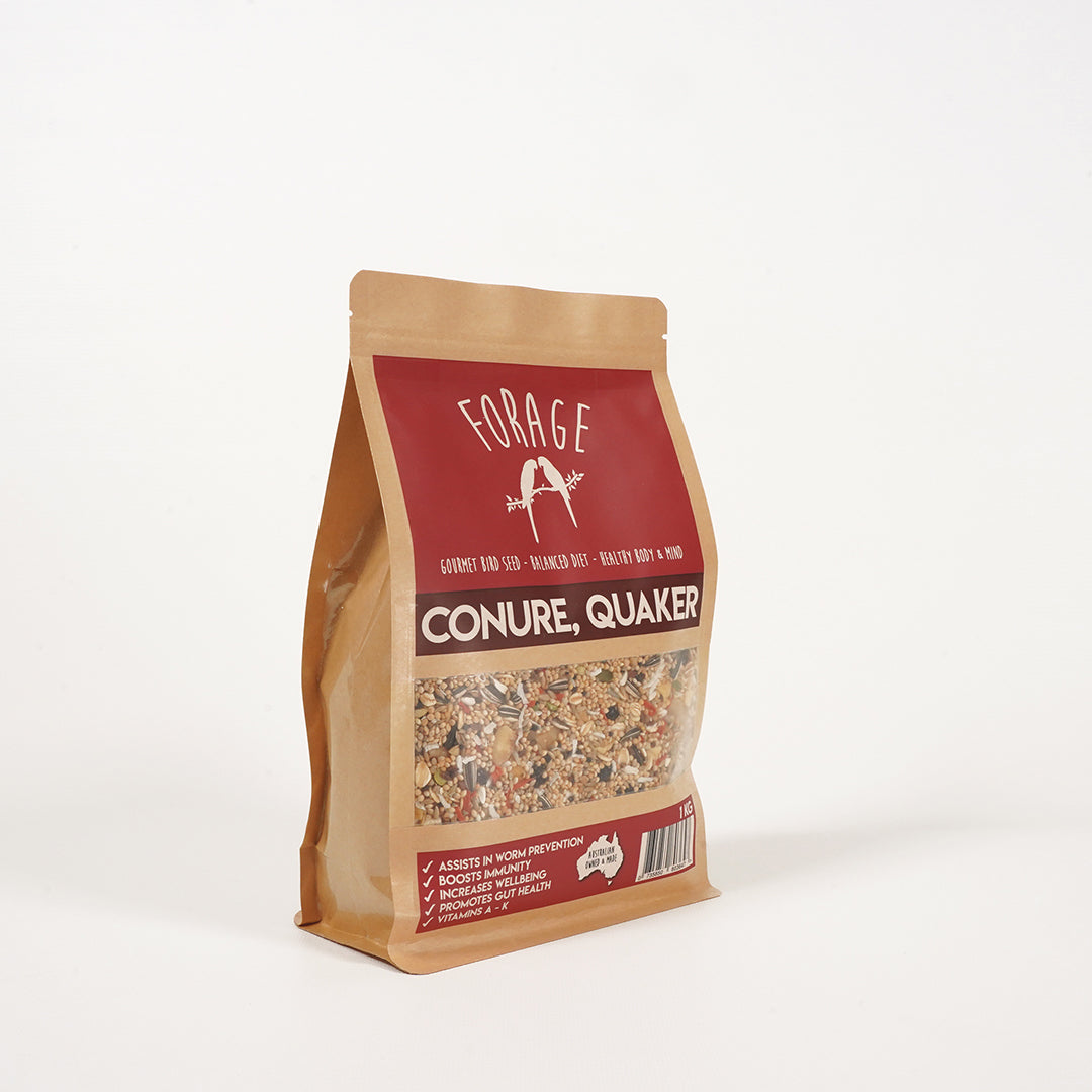 Forage Gourmet Conure and Quaker seed for enhancing feather condition

