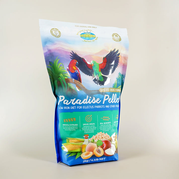 Fruit-flavoured bird pellets for parrots – Vetafarm Paradise diet

