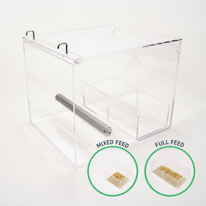 Large Seed Cube and Easy-Tray combo for tidy birdcage feeding
