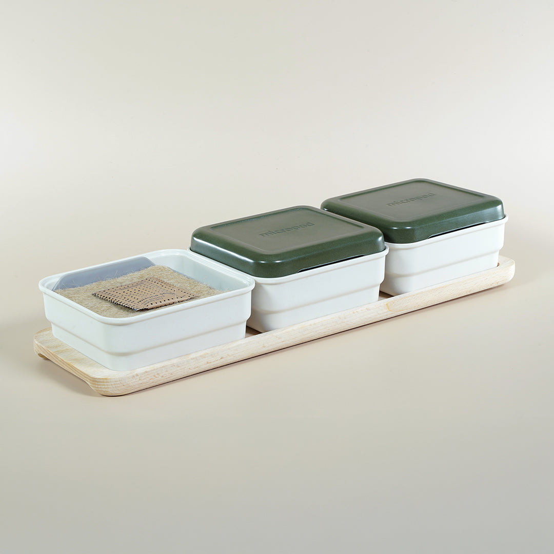 Micropod Continuous Grow Kit partially assembled with trays and base, showing how the system supports ongoing microgreens harvests for Seed Cube feeding.