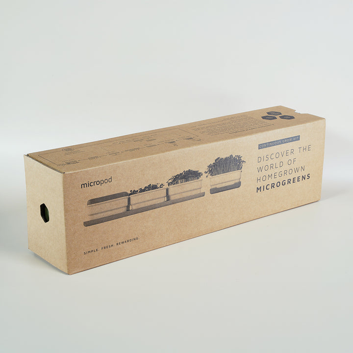 Micropod Continuous Grow Kit box packaging, a complete microgreens system for staggered harvests that pairs with Seed Cube bird feeding.