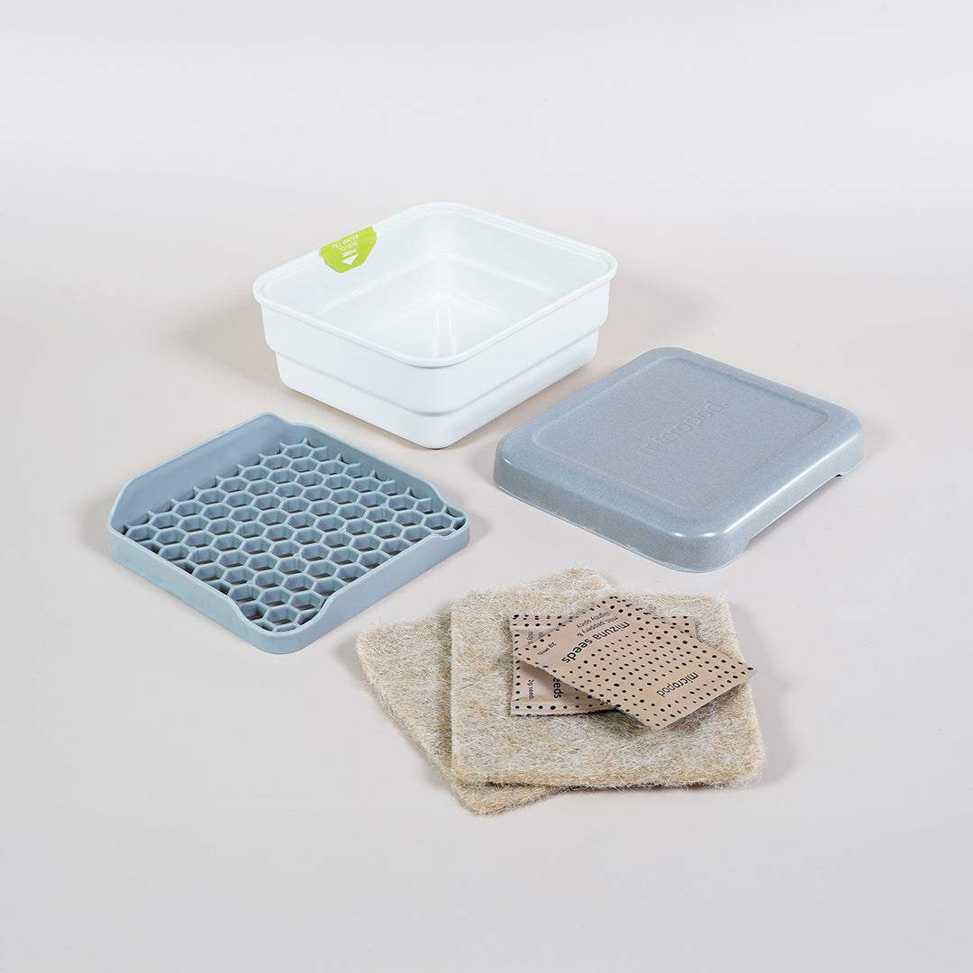 Flat lay of the Micropod Mini Kit with tray, grow mats and seed packs, a compact microgreens growing solution that works with Seed Cube bird feeding.