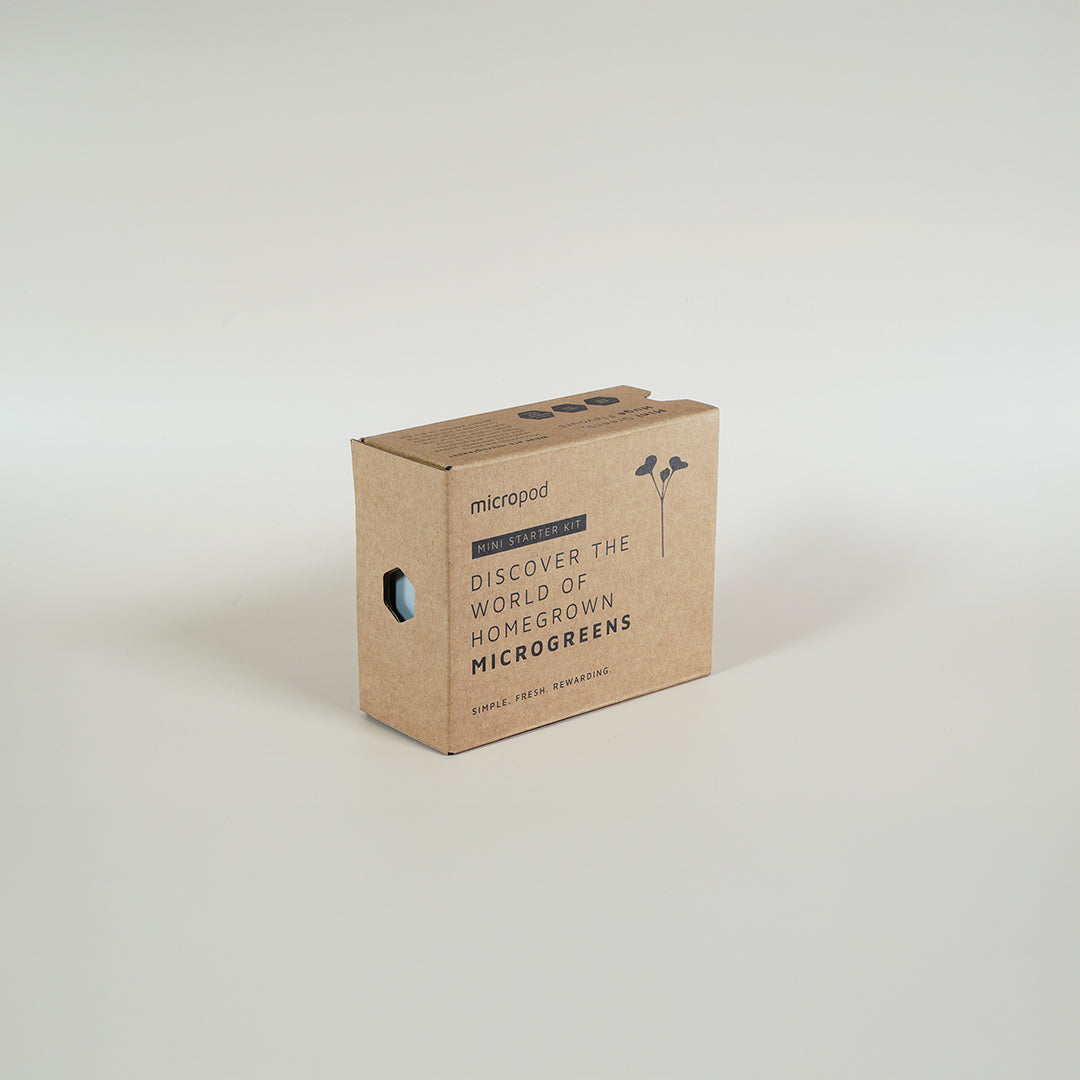 Micropod Mini Starter Kit box packaging, a complete microgreens growing set designed to pair with Seed Cube for healthy bird feeding.