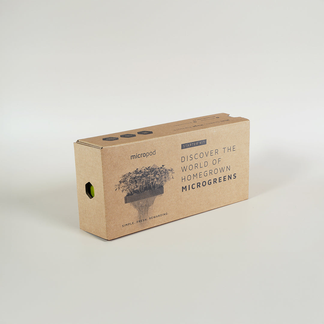 Micropod Starter Kit box packaging, a complete microgreens growing set designed for easy use at home and pairing with Seed Cube bird feeding.