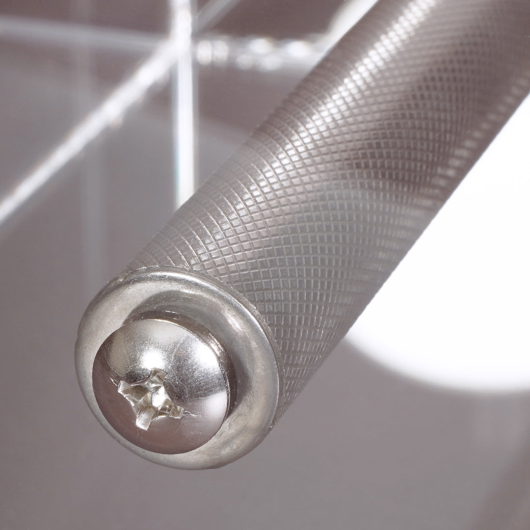 Side view of Seed Cube Large in use by cockatoo and stainless steel perch