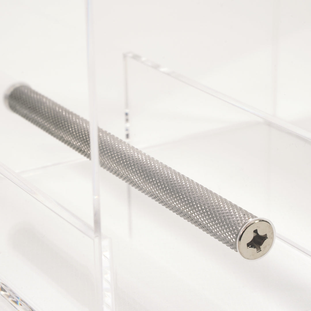 Knurled stainless steel perch on Small Seed Cube mess free feeder
