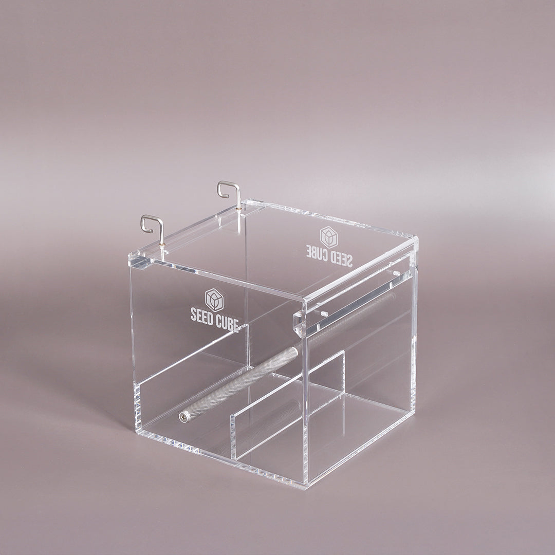 Back-mounted Small Seed Cube in parrot cage